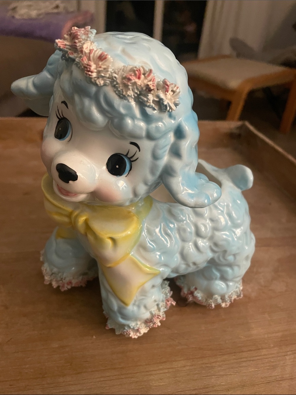Relpo Vintage 1961  Ceramic Poodle Figurine with Yellow Bow -